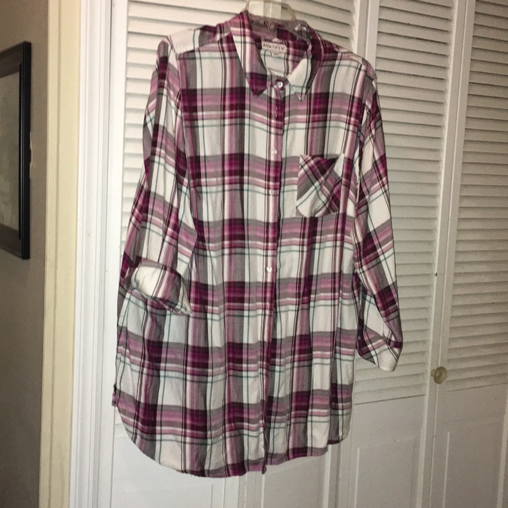 Ava and Viv Rayon button down violet/teal plaid 3X